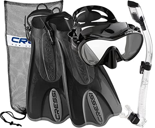 Cressi Italian Design Premium Tempered Glass Lens Frameless Scuba Snorkeling Dive Mask - Dry Snorkel - and Palau Short Snorkeling Fin and Snorkel Set Gear Bag, BKTT-ML